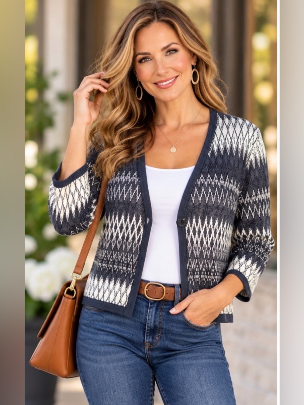 Pendleton Mya Navy Blue Diamond Argyle Linen Blend Cardigan Sweater Size Medium